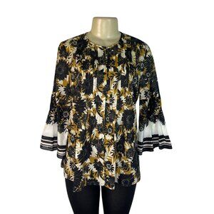 Kobi Halperin Black & Yellow Floral Print Blouse With Bell Sleeves Womens Size M